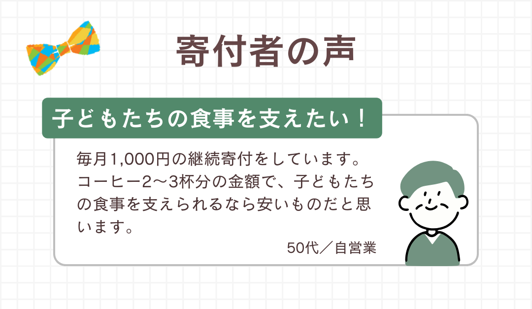 寄付者の声：毎月1,000円の継続寄付をしています。コーヒー2～3杯分の金額で、子どもたちの食事を支えられるなら安いものだと思います。（50代／自営業）
